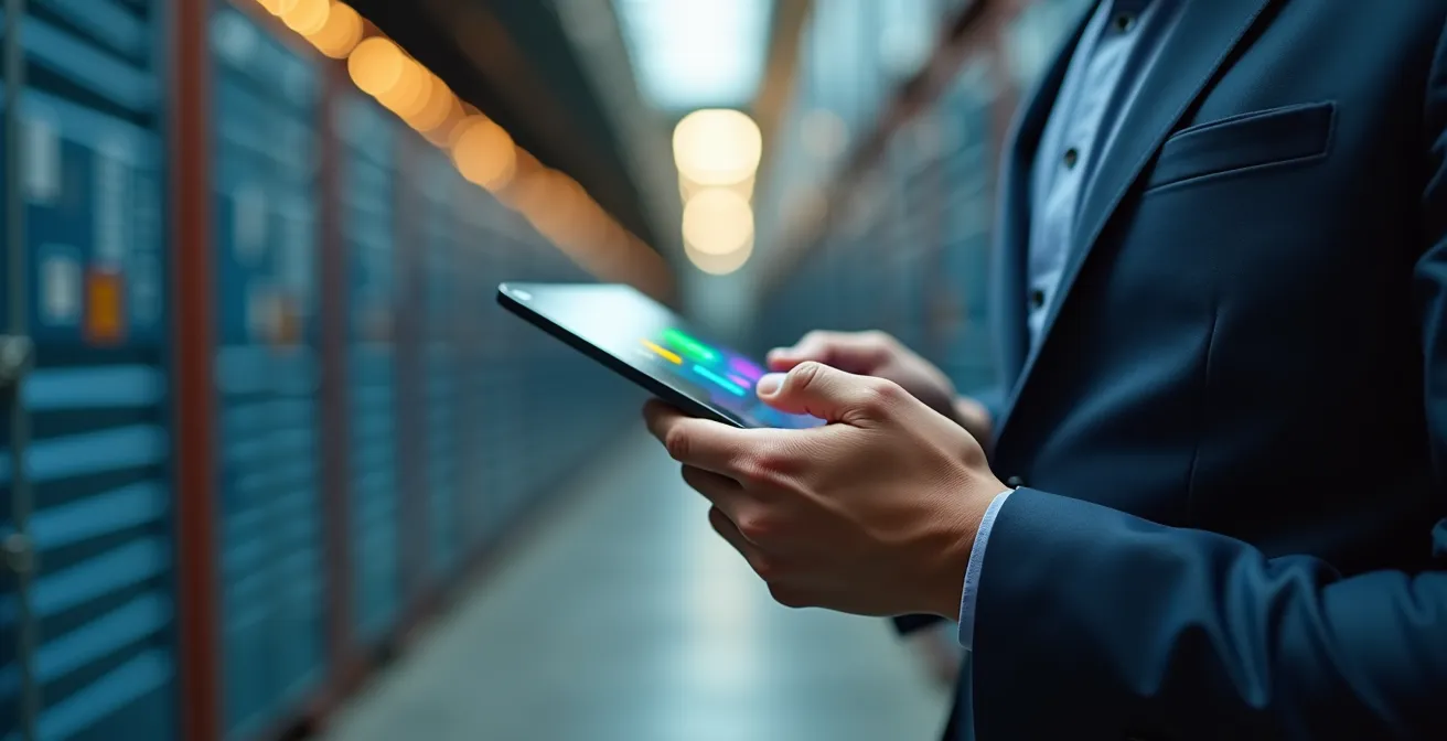 Close-up of hands analyzing multiple revenue stream data on tablet with battery storage facility in background